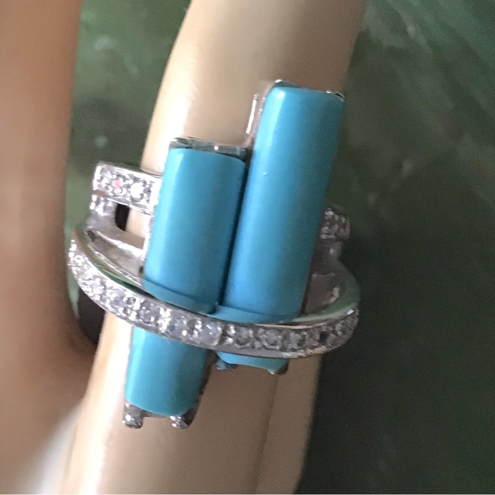 Turquoise, Crystal, and Sterling Silver Cocktail Ring